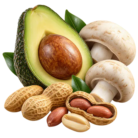 Cacahuates, aguacate y champiñones, alimentos con vitamina B3 (niacina)