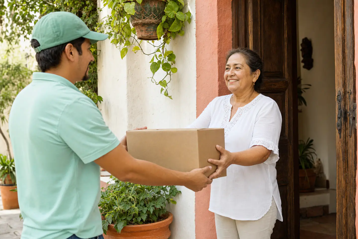 Repartidor entrega una caja de cartón en la puerta de una casa