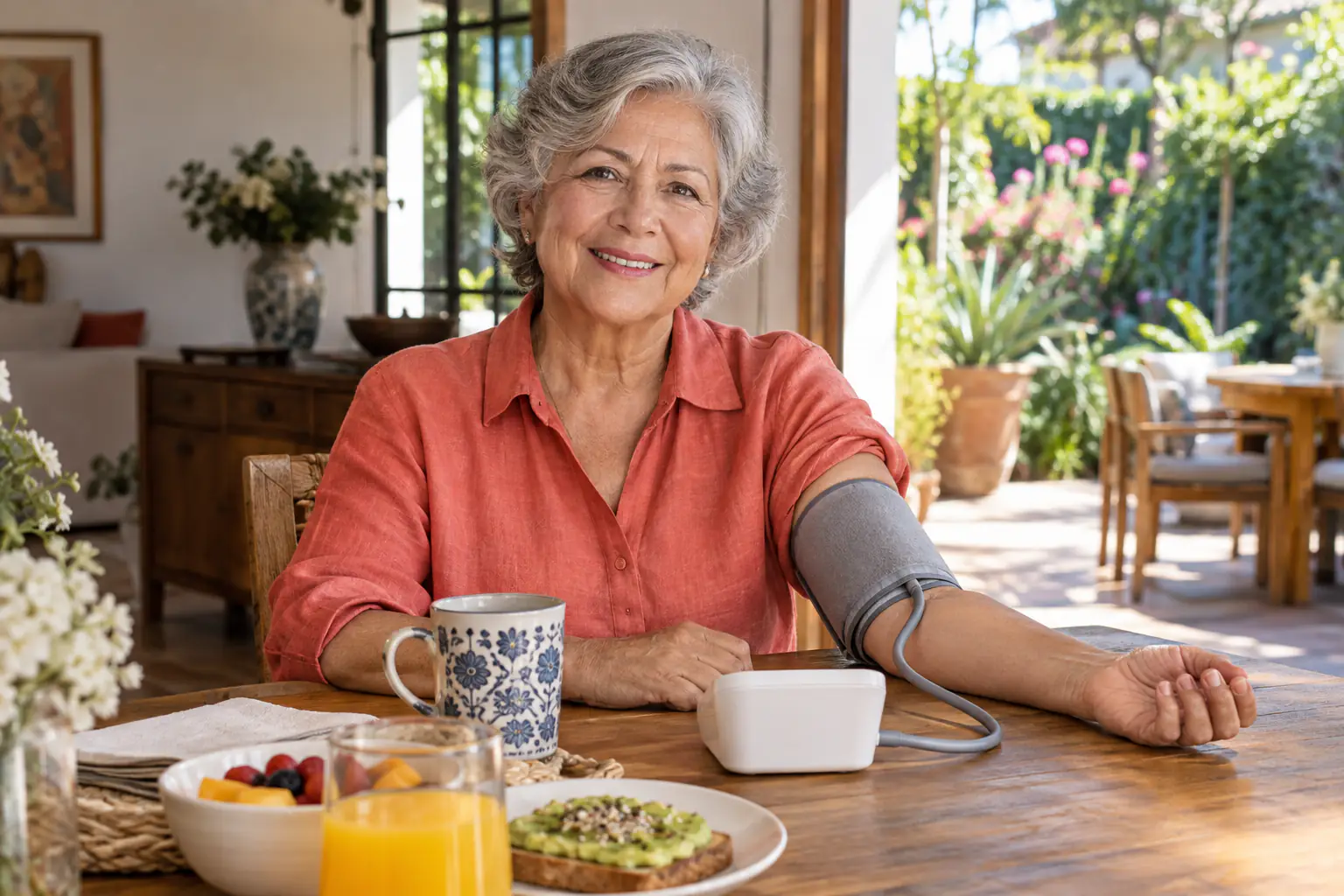 Mujer de 60 años sonríe en el desayuno con el brazalete del baumanómetro en el brazo