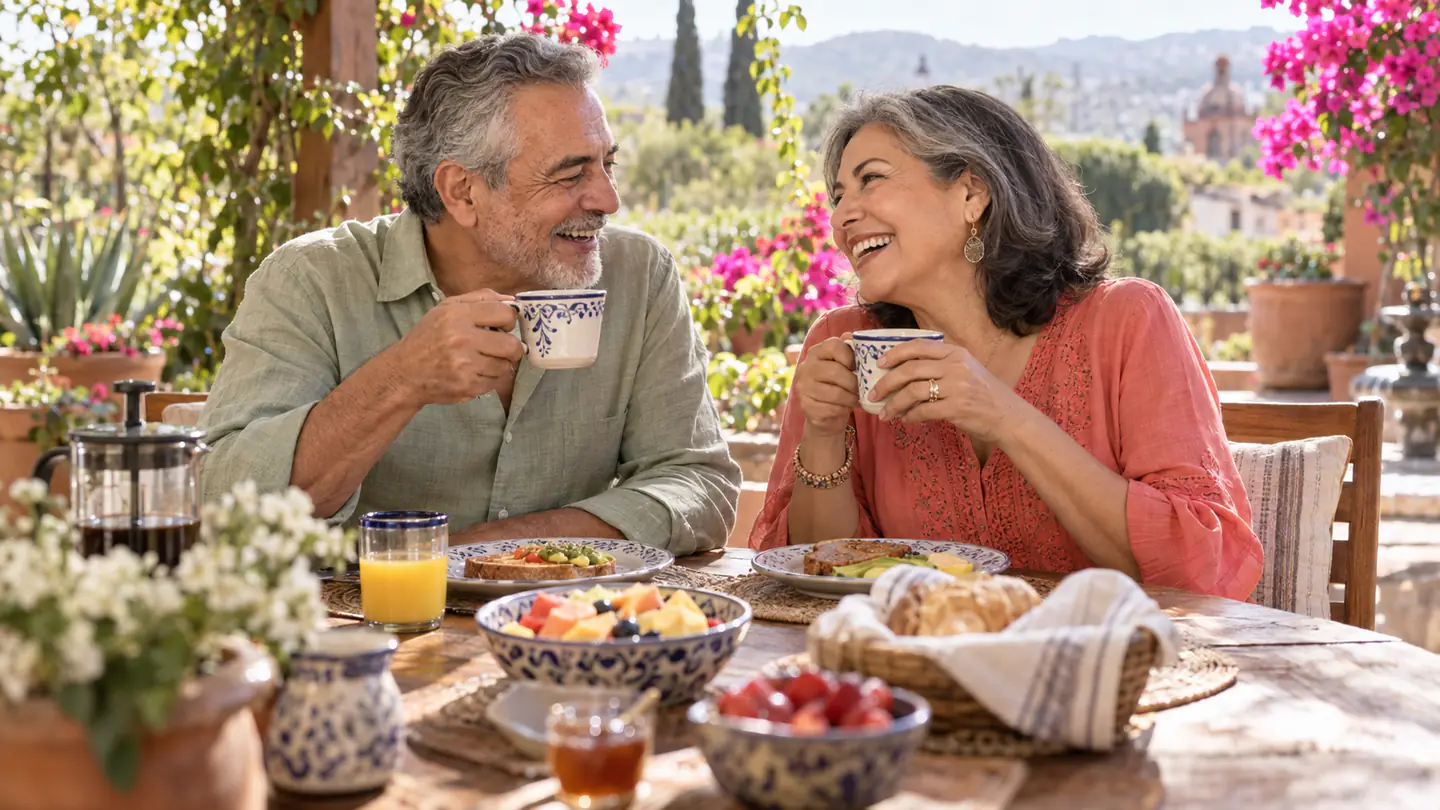 Pareja de 60 años desayuna y platica en el patio de su casa